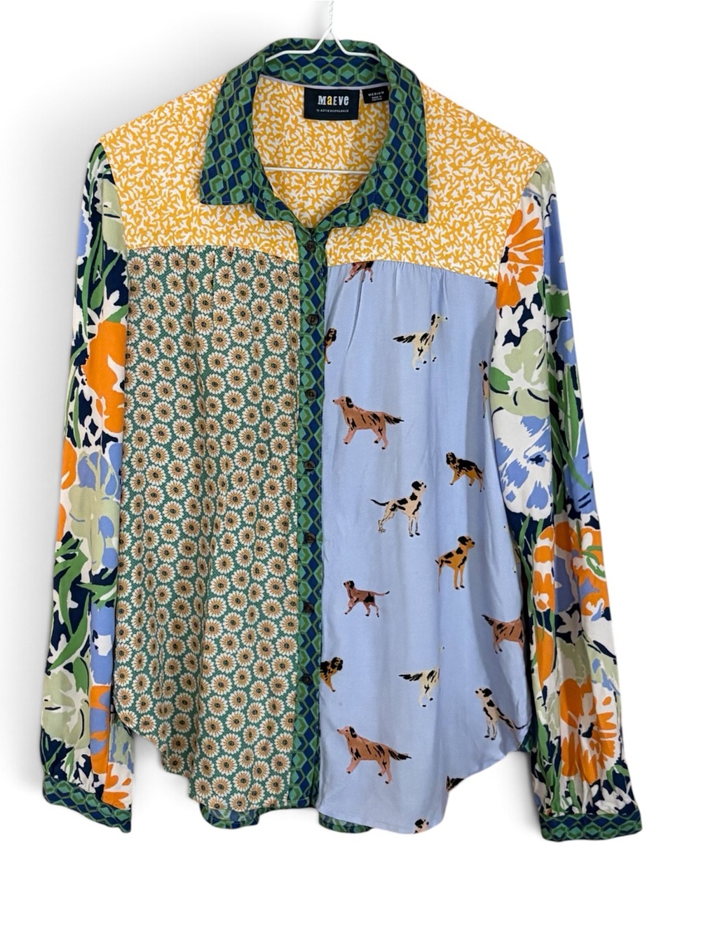 Maeve Anthropology Paz Button-Down Shirt with Mixed Print Patchwork Design
